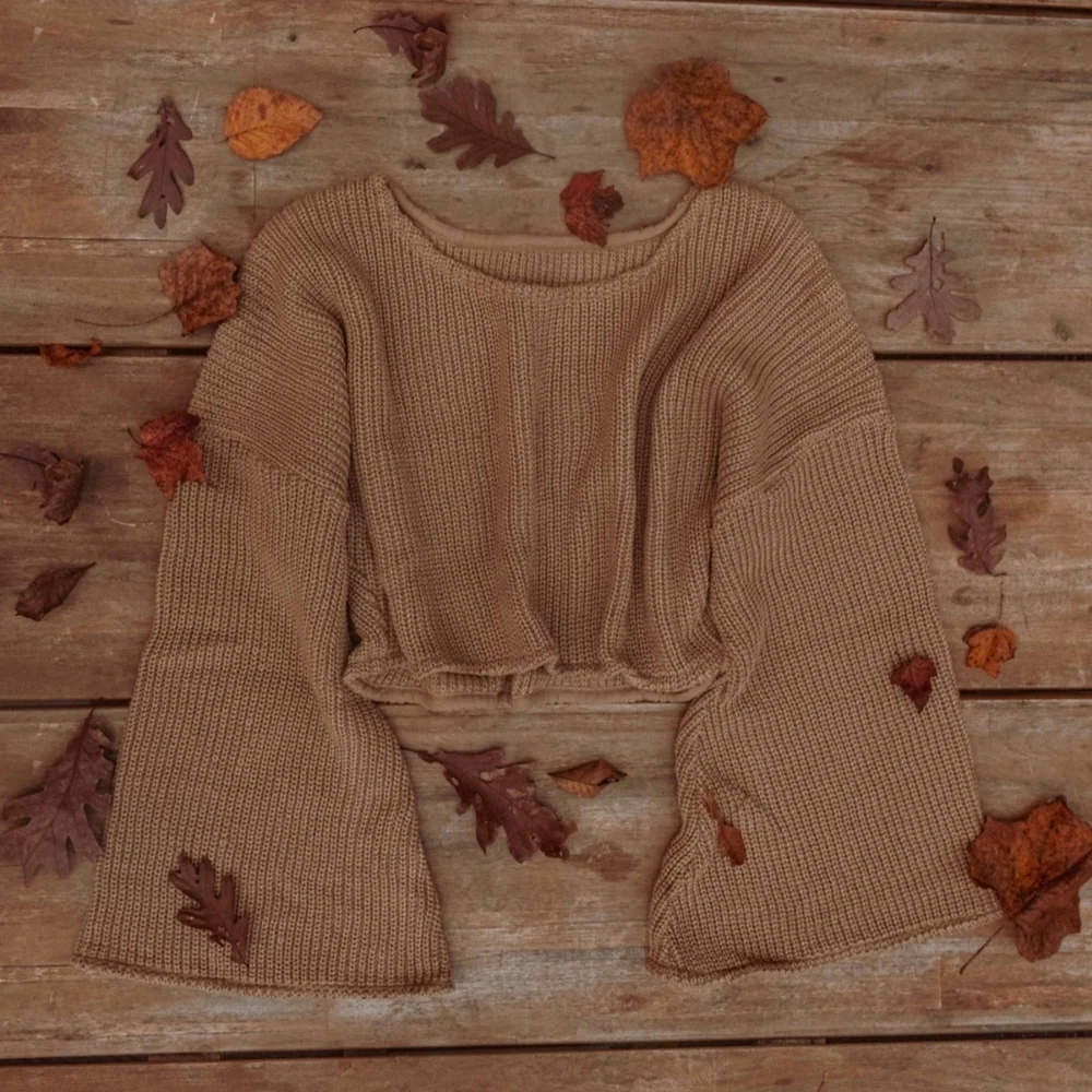 Gardenbelle 100% Organic Cotton Cozy Cropped Bell-Sleeve Sweater - Tan - Picture 7 of 9